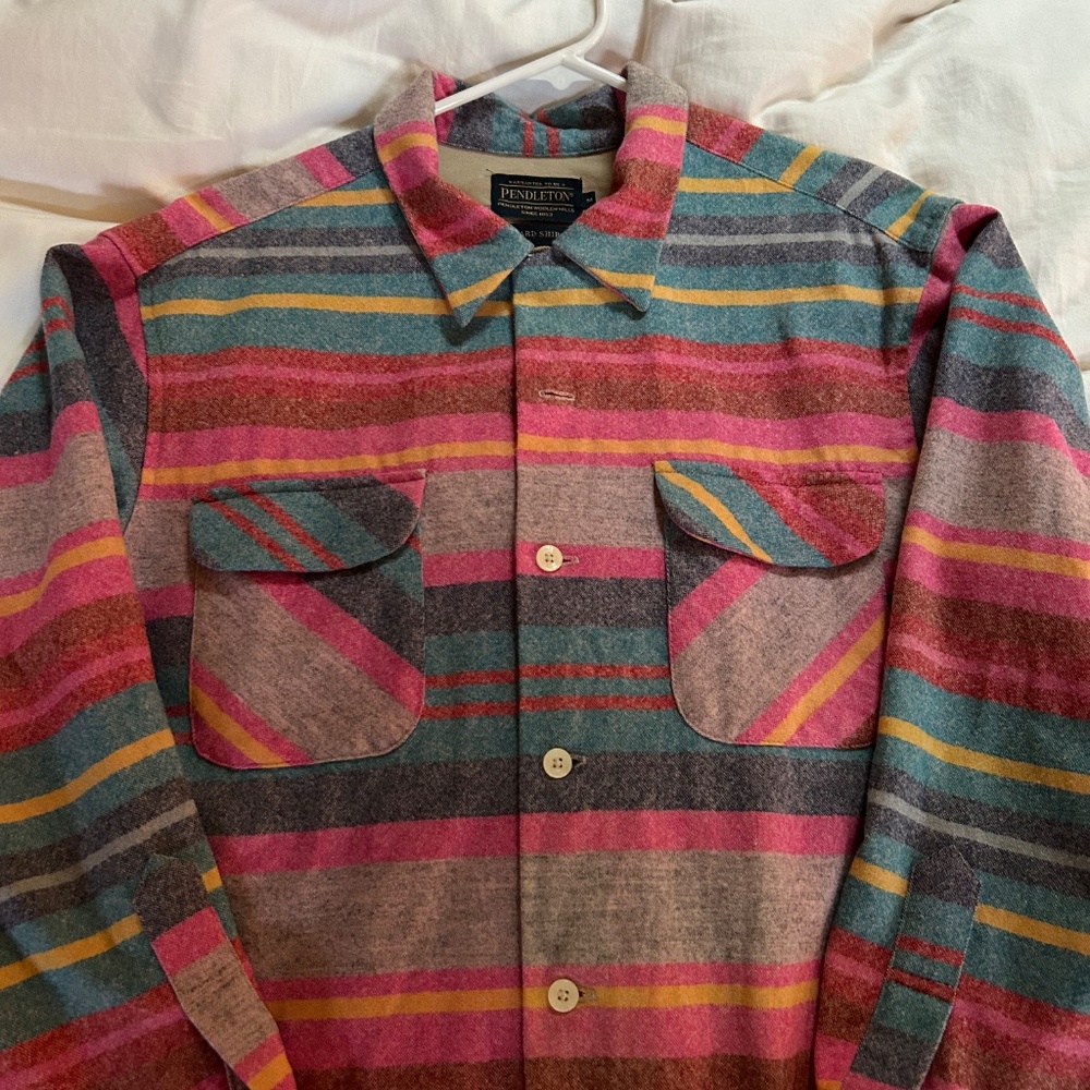 Pendleton Mens Board Shirt Loop Collar Colorful Pink Blue Stripe 100% Wool Sz M